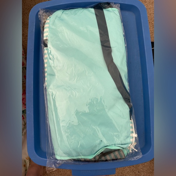 Striped Mint Travel Tote Bag with Navy Accents - Picture 4 of 4